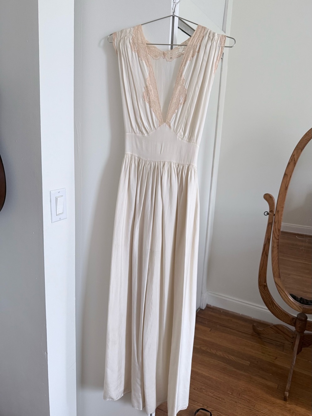 1930s Vintage Ivory Lace-Trim Maxi Dress